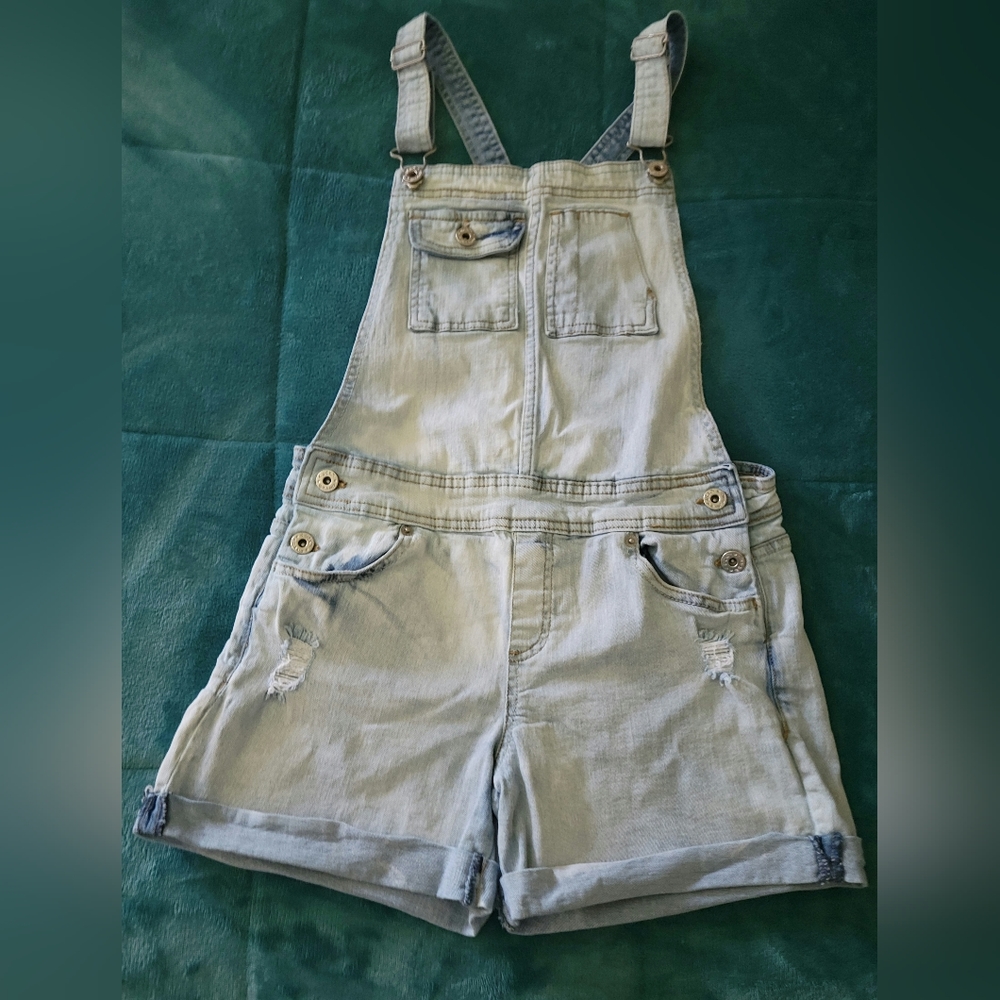 Girls Lucky Brand (Size 16) Bleached/Lightly Distressed Jean Overall Shorts